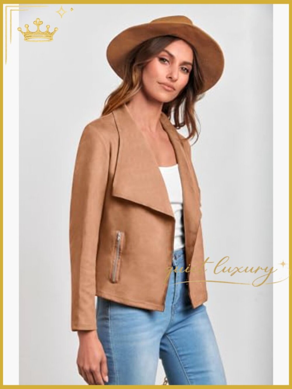 Faux Suede Cropped Jacket Long Sleeve Open Front Coat - Picture 4 of 7